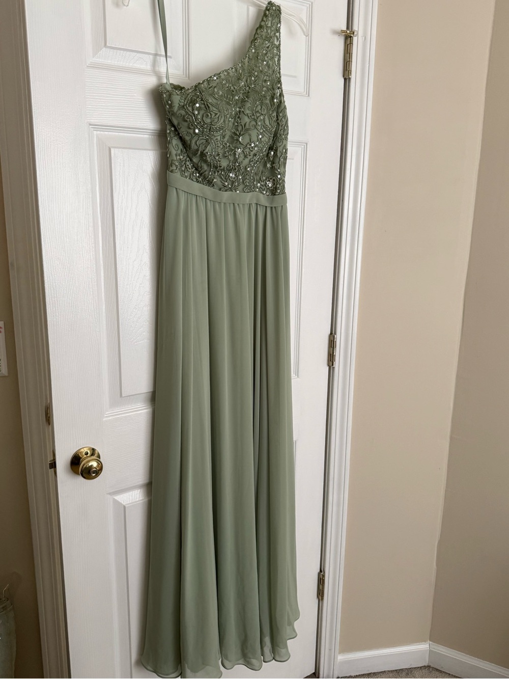 Embellished One-Shoulder Dusty Sage Evening Gown